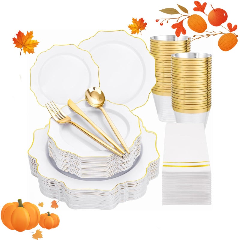 WDF 175Pcs Gold Plates Disposable White and Gold Plastic Plates 25guest Plastic Dinnerware Ideal for PartyWeddingBanquetsThanksgiving